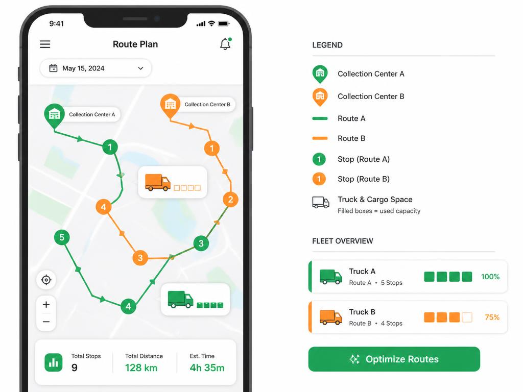 Mockup de la app de logística de Mango App con rutas optimizadas y capacidad de camiones