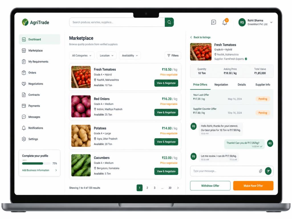 Mockup del marketplace B2B de Mango App con listados y negociación de precios