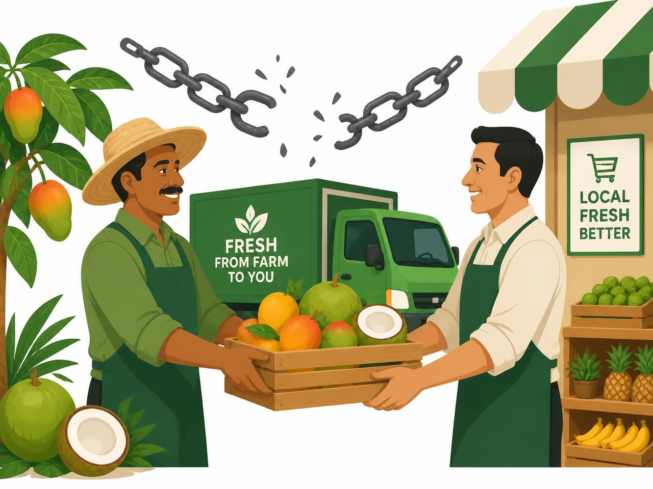 Un productor entrega una caja de frutas directamente al dueño de un comercio, saltando los intermediarios